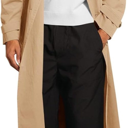 Men's Double Breasted Notch Lapel Windbreaker Trench Coat with Belt