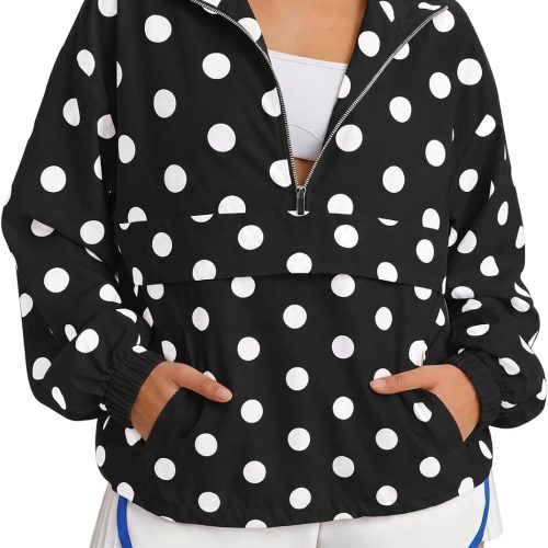 Women's Polka Dot Quarter Zip Pullover UPF 50+ Oversized Lightweight Windbreaker Jacket