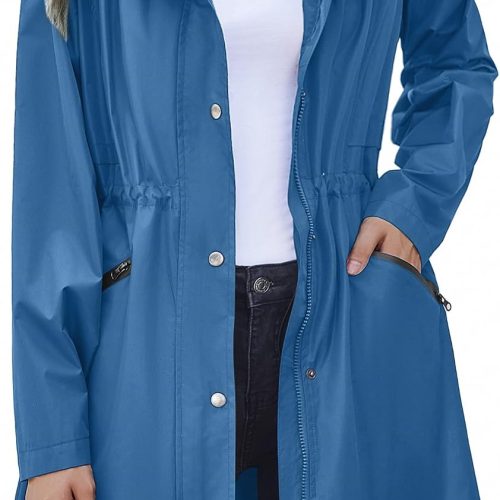 Women's Waterproof Long Hooded Rain Trench Coat Windbreaker Travel Jacket