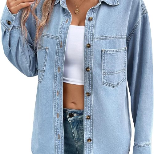 Women's Oversized V-Neck Button Down Denim Shirt