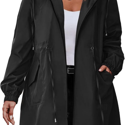 Women's Plus Size Long Lightweight Hooded Waterproof Rain Jacket with Pockets