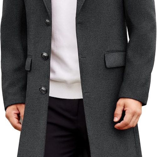 Men's Single Breasted Wool Blend Pea Coat with Pockets