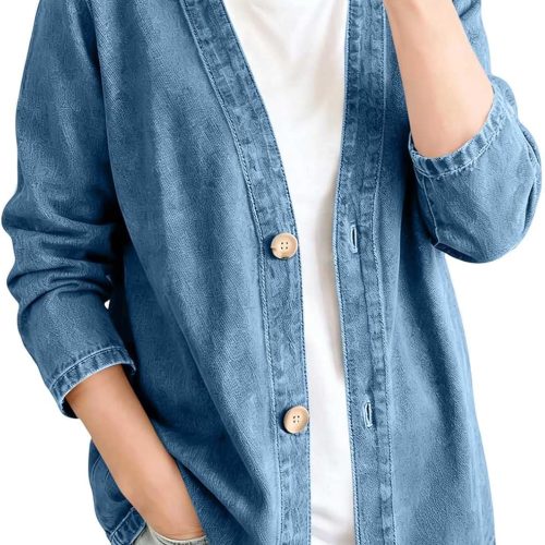 Women's Collarless V-Neck Denim Cardigan Jacket