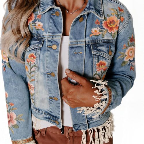 Women's Scallop Trim Mineral Washed Denim Jacket with Pockets