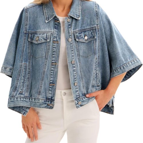 Women's Oversized Cropped Denim Cape Jacket with Pockets